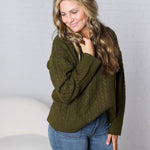 Finlee V-Neck Cable Knit Sweater - Olive