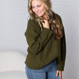 Finlee V-Neck Cable Knit Sweater - Olive