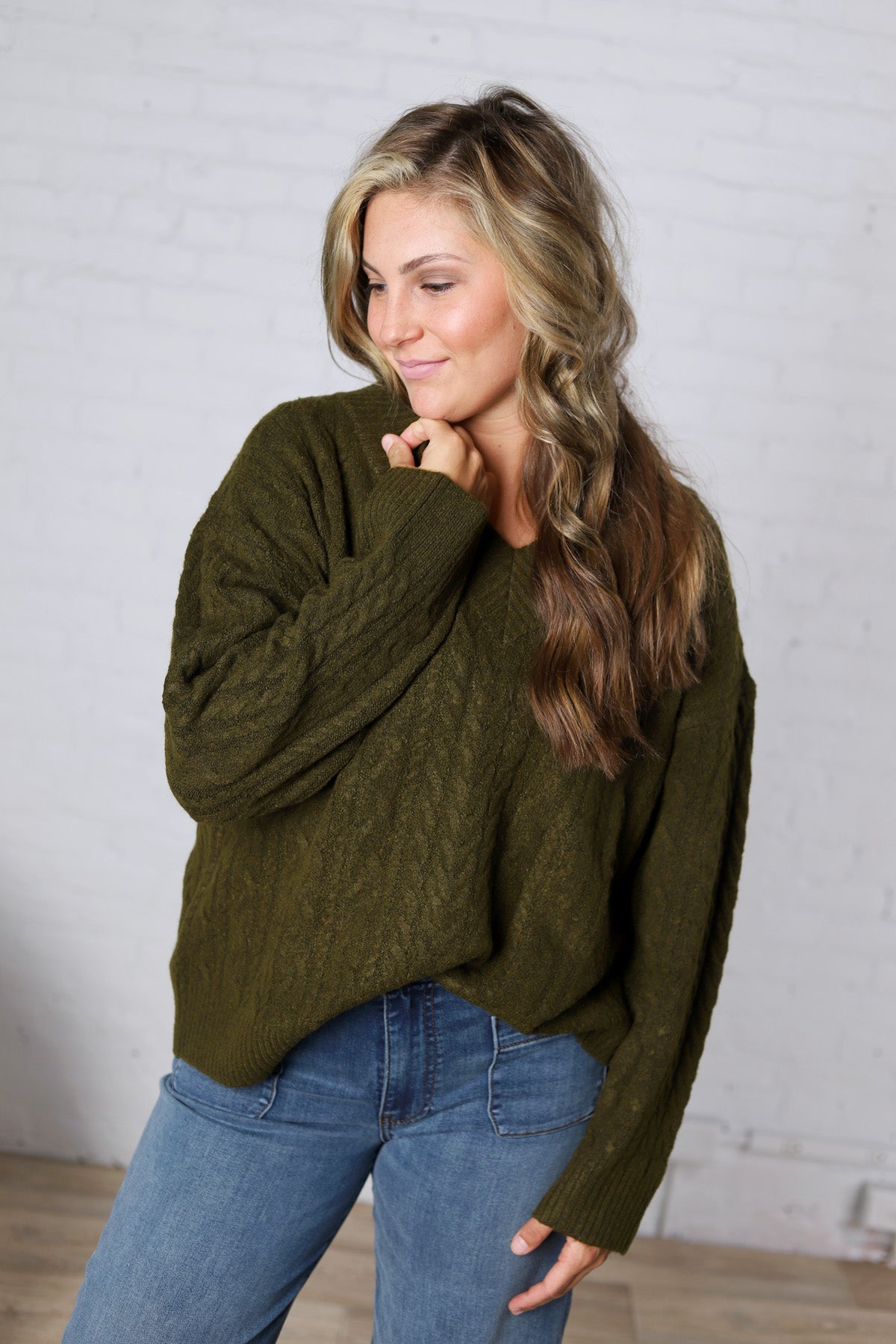 Finlee V-Neck Cable Knit Sweater - Olive FINAL SALE