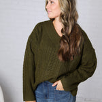 Finlee V-Neck Cable Knit Sweater - Olive FINAL SALE
