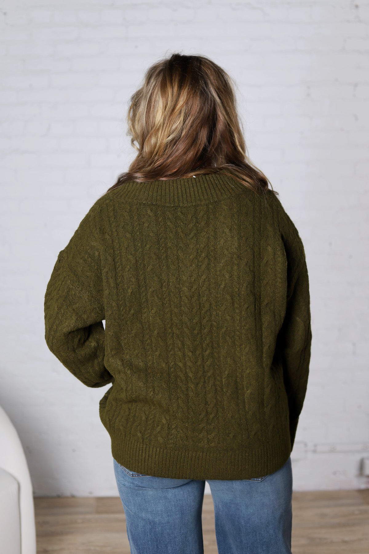 Finlee V-Neck Cable Knit Sweater - Olive FINAL SALE