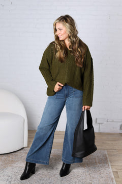 Finlee V-Neck Cable Knit Sweater - Olive FINAL SALE