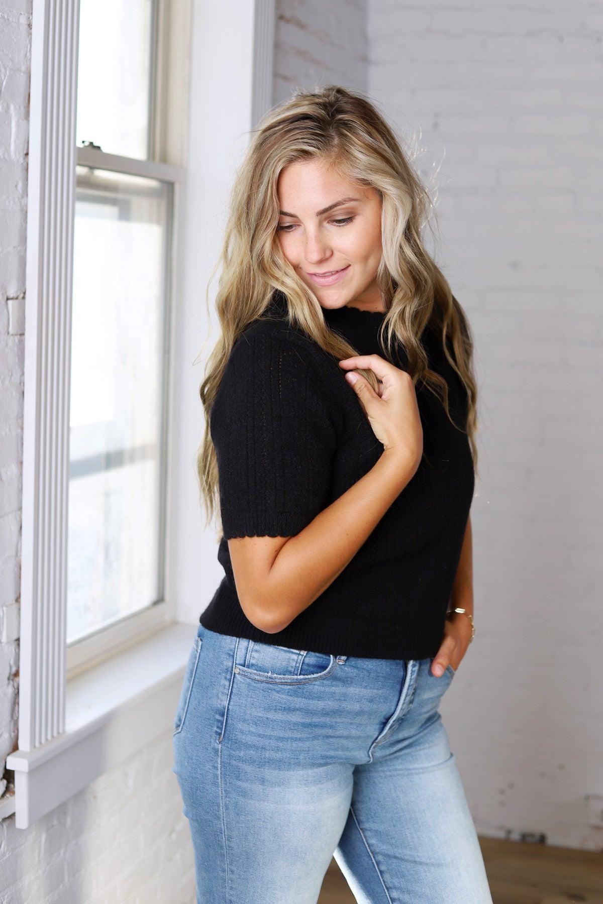 Finley Scalloped Pointelle Knit Sweater - Black