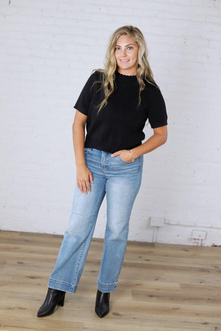 Finley Scalloped Pointelle Knit Sweater - Black