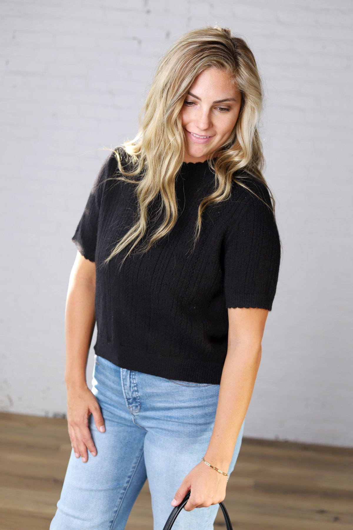 Finley Scalloped Pointelle Knit Sweater - Black