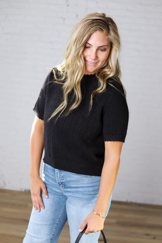 Finley Scalloped Pointelle Knit Sweater - Black