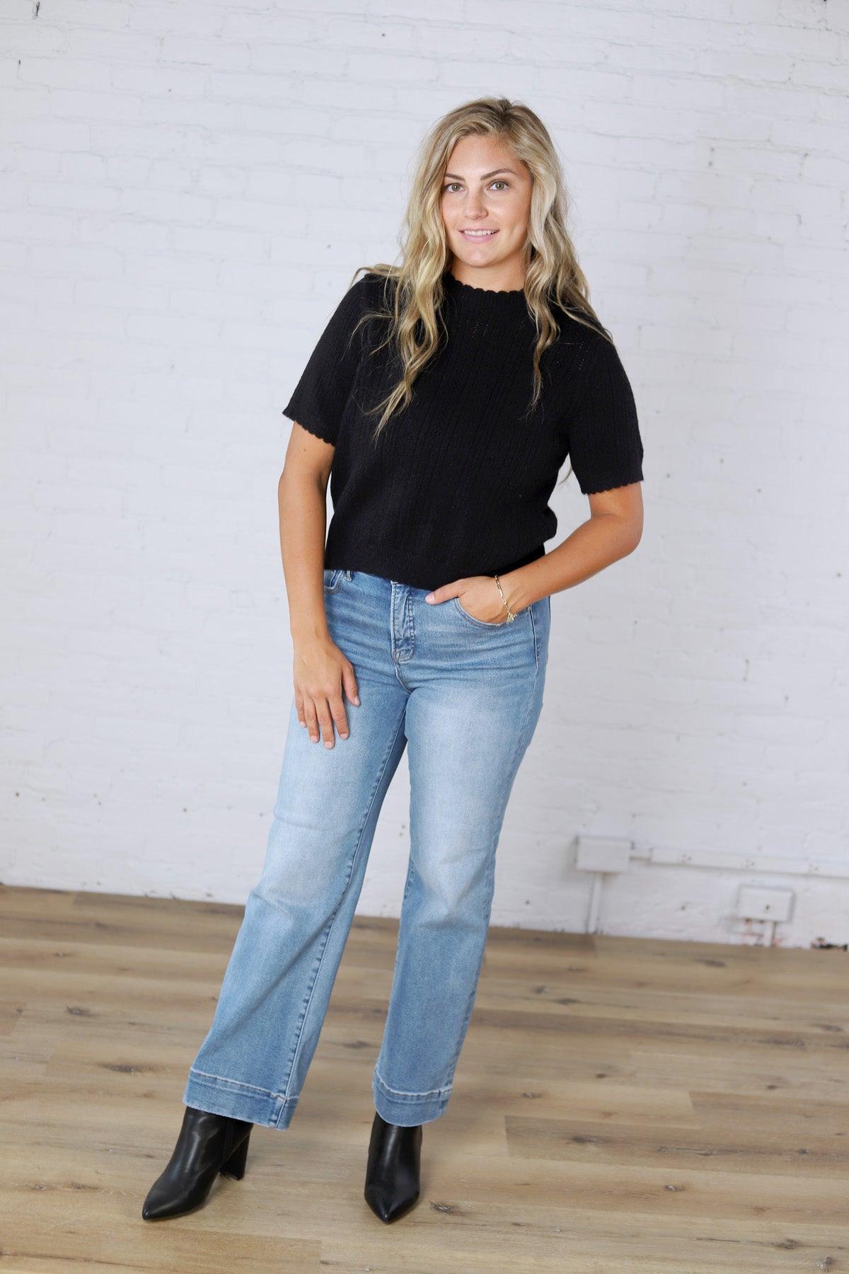 Finley Scalloped Pointelle Knit Sweater - Black