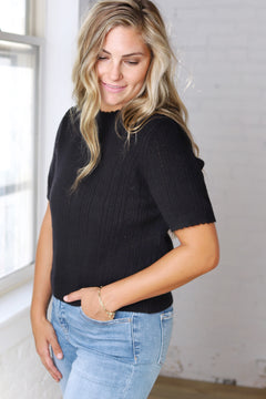 Finley Scalloped Pointelle Knit Sweater - Black