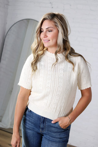 Finley Scalloped Pointelle Knit Sweater - Cream