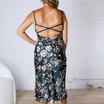 Floral Cowl Neck X Back Midi Dress - Teal