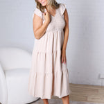 Florence Flutter Sleeve Smocked Midi Dress - Khaki