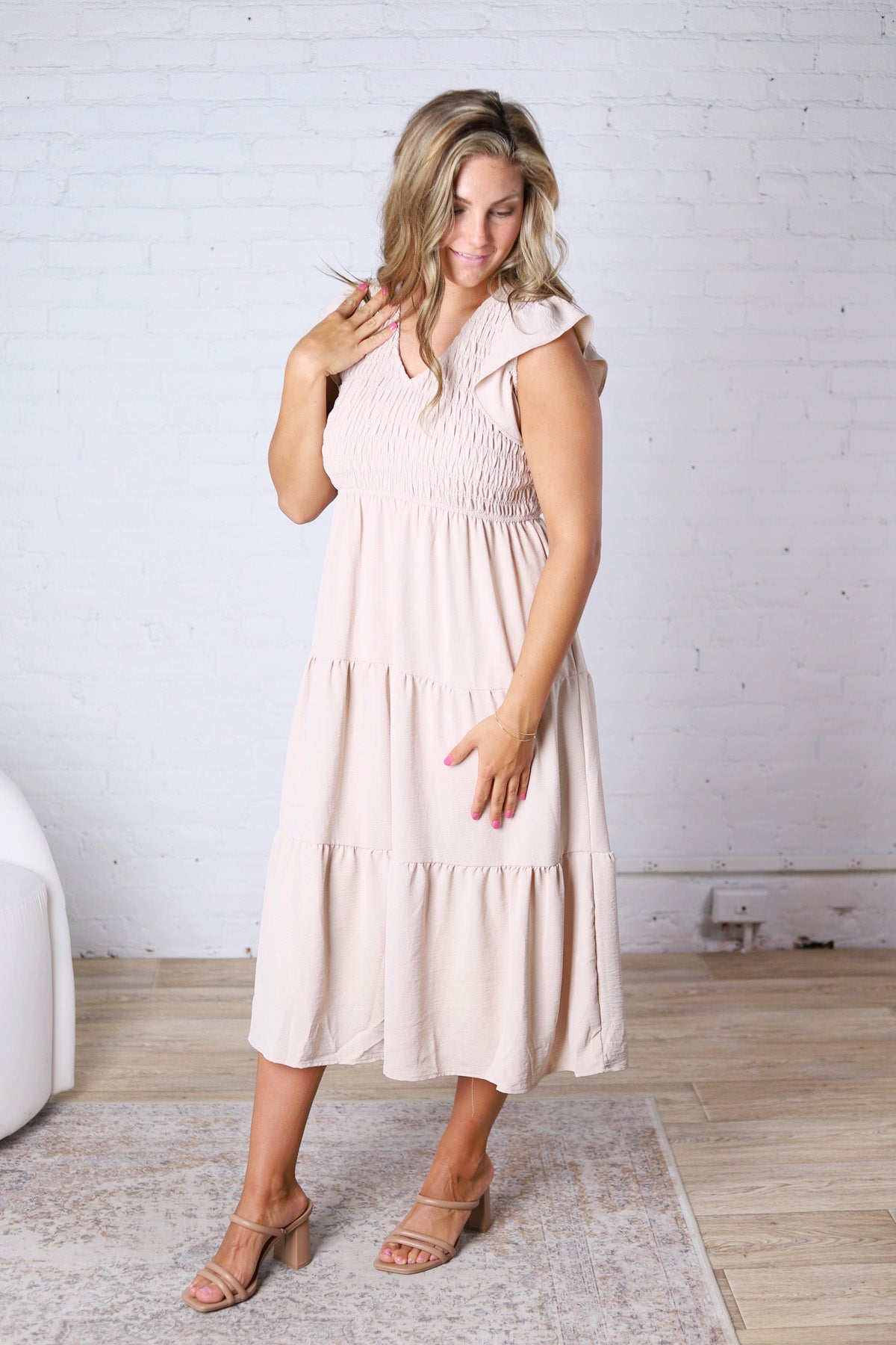 Florence Flutter Sleeve Smocked Midi Dress - Khaki