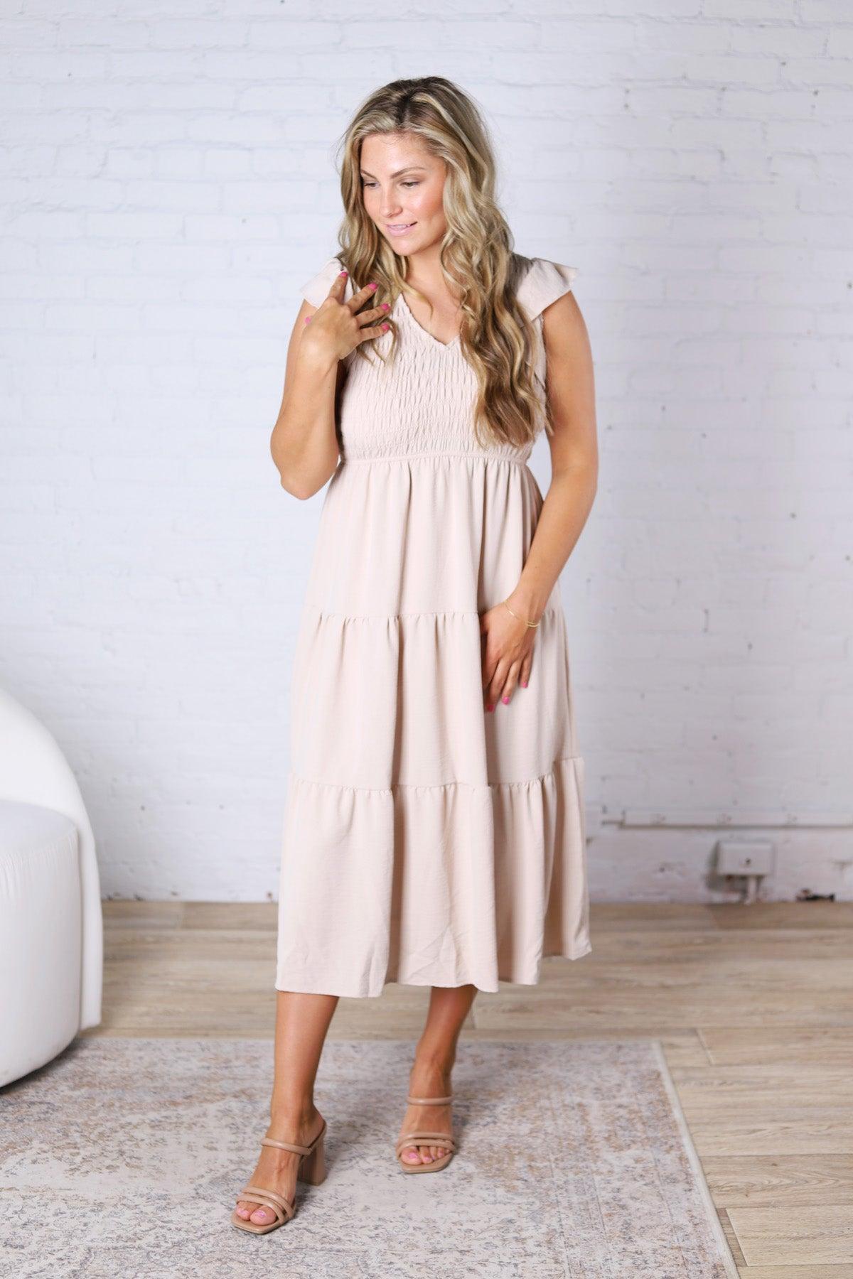 Florence Flutter Sleeve Smocked Midi Dress - Khaki