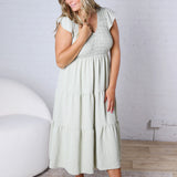 Florence Flutter Sleeve Smocked Midi Dress - Olive