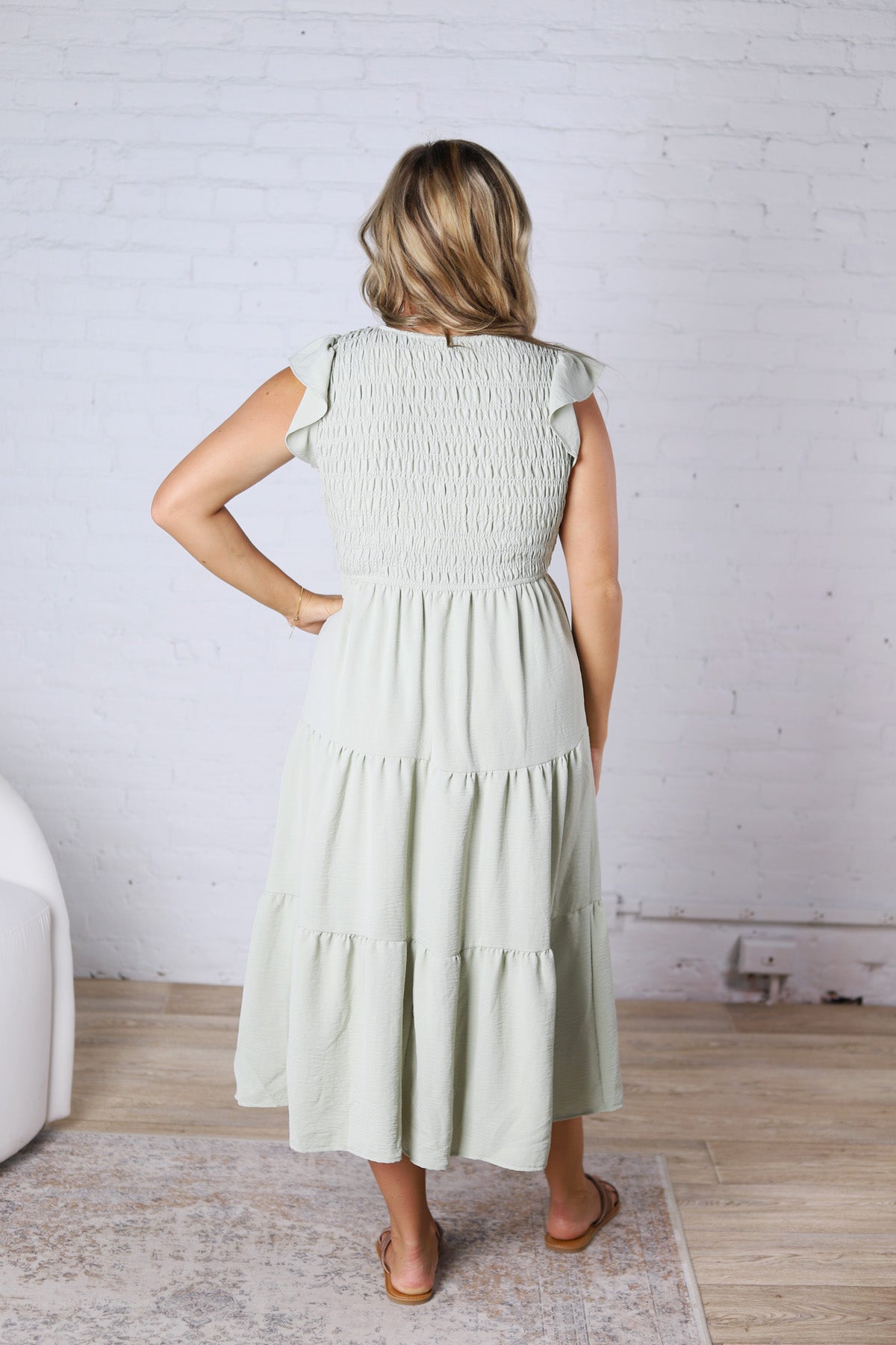 Florence Flutter Sleeve Smocked Midi Dress - Olive