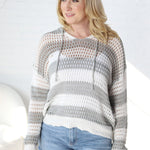 Frances Hoodie Stripe Sweater Top - White/H.Grey