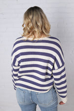 Francesca Striped Long Sleeve Knit Pullover Sweater - Denim