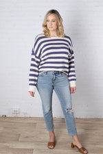 Francesca Striped Long Sleeve Knit Pullover Sweater - Denim