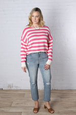 Francesca Striped Long Sleeve Knit Pullover Sweater - Pink