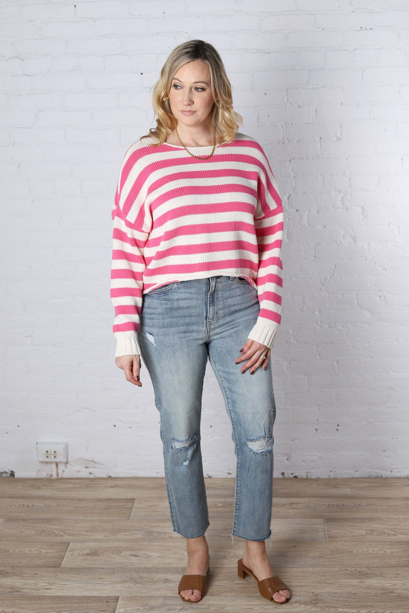 Francesca Striped Long Sleeve Knit Pullover Sweater - Pink