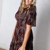 Gabriella Velvet Floral Smocked Waist Tiered Dress - Plum