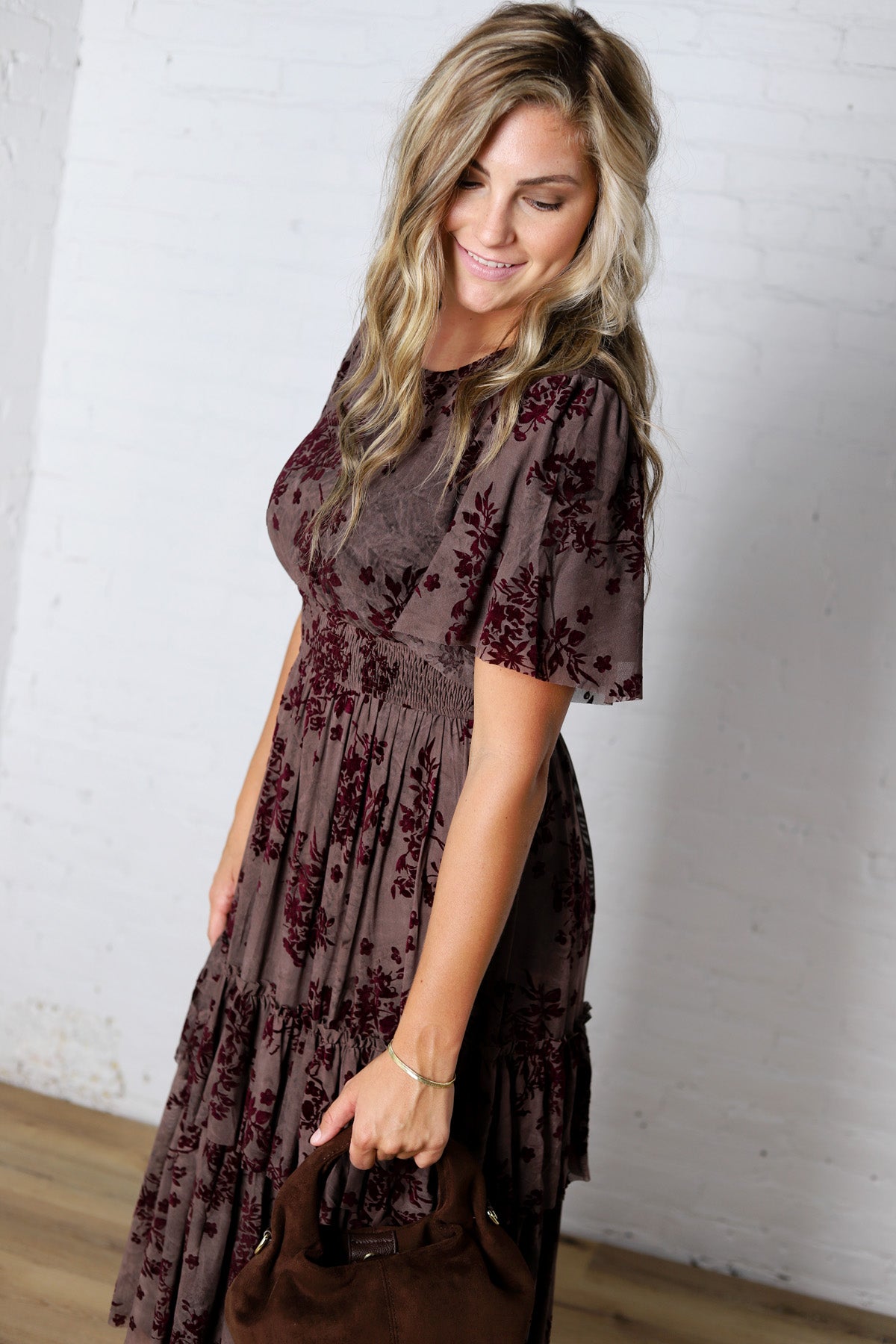 Gabriella Velvet Floral Smocked Waist Tiered Dress - Plum