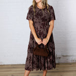 Gabriella Velvet Floral Smocked Waist Tiered Dress - Plum