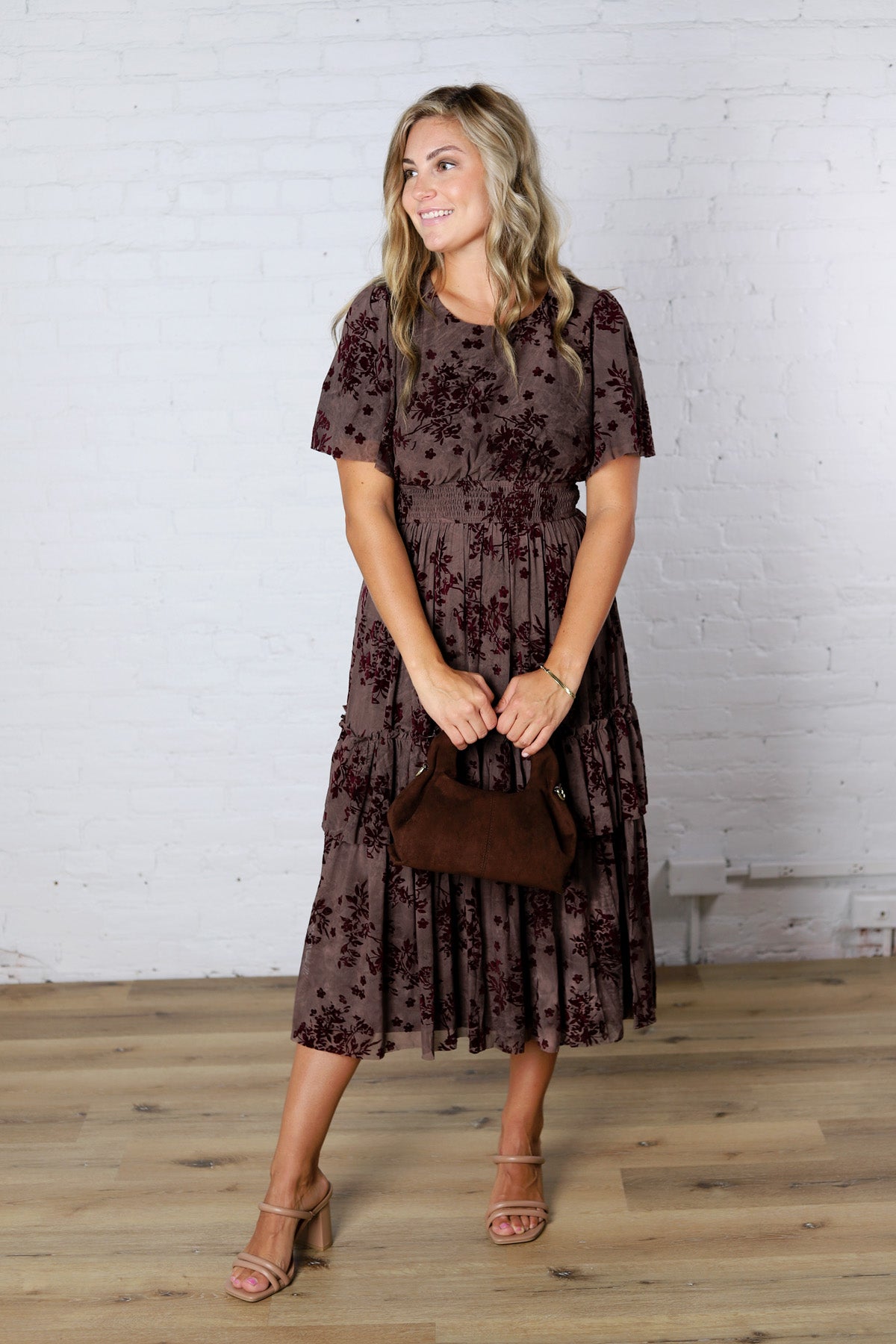 Gabriella Velvet Floral Smocked Waist Tiered Dress - Plum