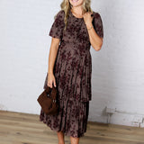 Gabriella Velvet Floral Smocked Waist Tiered Dress - Plum