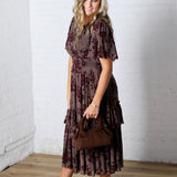 Gabriella Velvet Floral Smocked Waist Tiered Dress - Plum