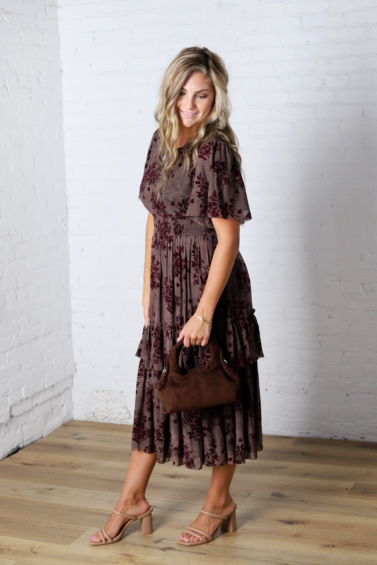 Gabriella Velvet Floral Smocked Waist Tiered Dress - Plum