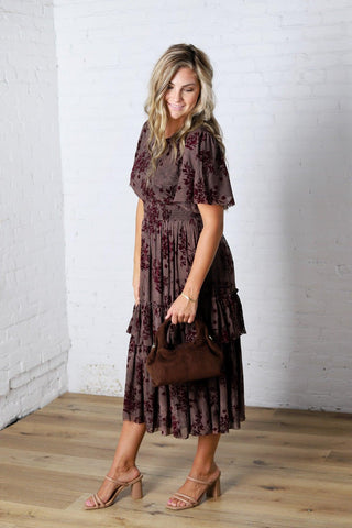 Gabriella Velvet Floral Smocked Waist Tiered Dress - Plum