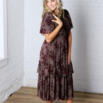 Gabriella Velvet Floral Smocked Waist Tiered Dress - Plum