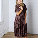 Gabriella Velvet Floral Smocked Waist Tiered Dress - Plum