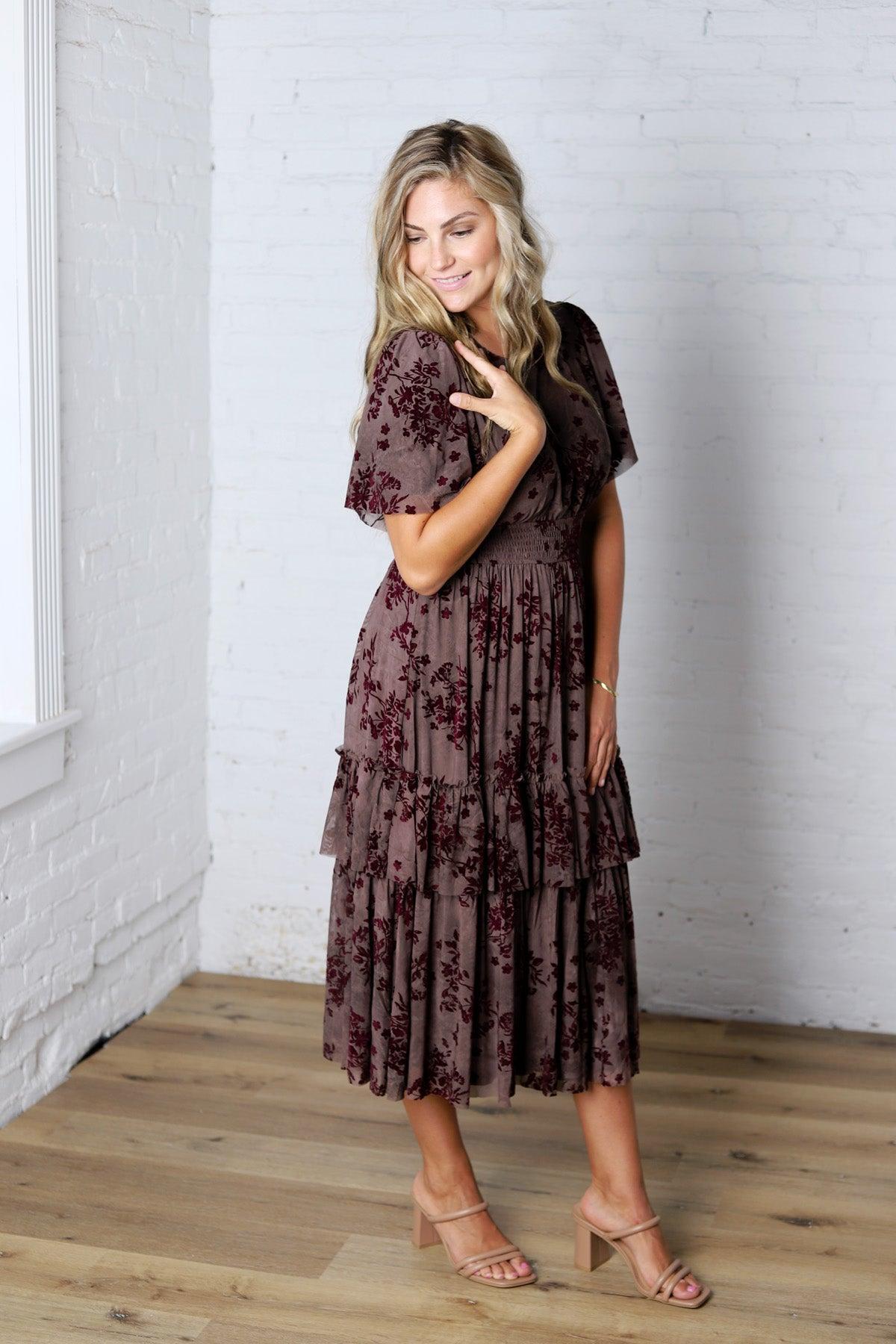 Gabriella Velvet Floral Smocked Waist Tiered Dress - Plum