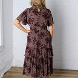 Gabriella Velvet Floral Smocked Waist Tiered Dress - Plum