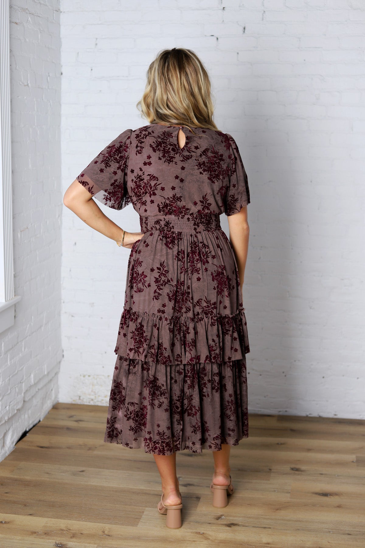Gabriella Velvet Floral Smocked Waist Tiered Dress - Plum