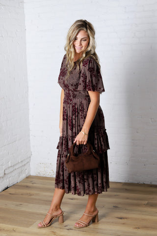 Gabriella Velvet Floral Smocked Waist Tiered Dress - Plum **RESTOCK COMING**