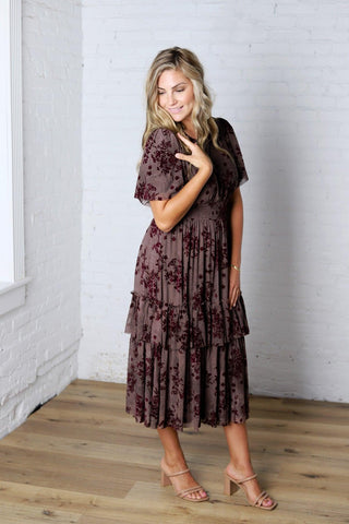 Gabriella Velvet Floral Smocked Waist Tiered Dress - Plum **RESTOCK COMING**