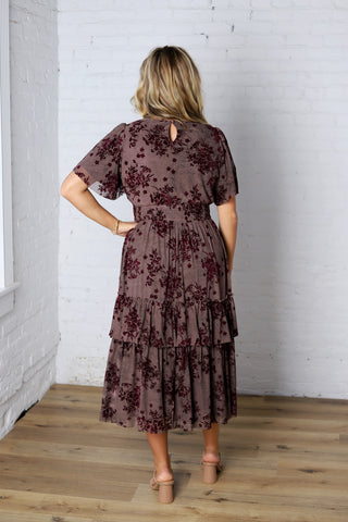 Gabriella Velvet Floral Smocked Waist Tiered Dress - Plum **RESTOCK COMING**
