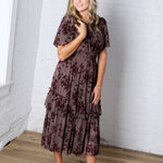 Gabriella Velvet Floral Smocked Waist Tiered Dress - Plum