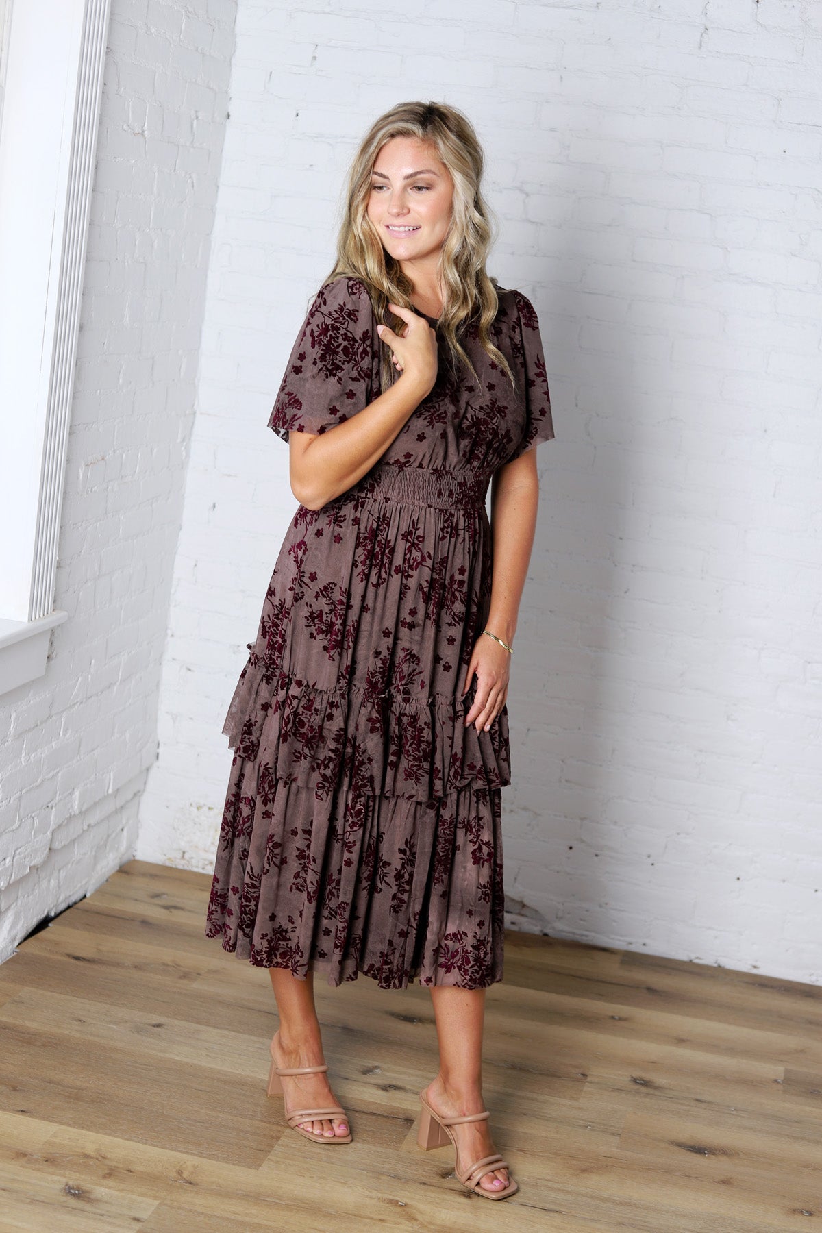 Gabriella Velvet Floral Smocked Waist Tiered Dress - Plum