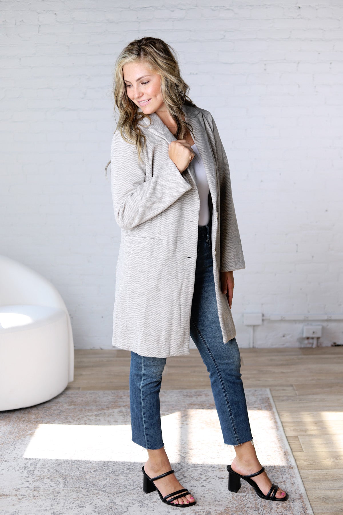 Galina Light Chevron Pattern Double Button Coat
