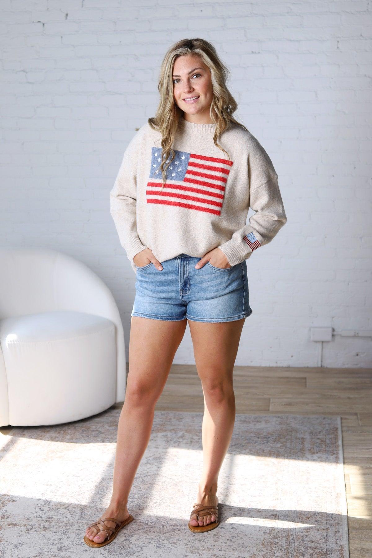 Gavina American Flag Round Neck Sweater
