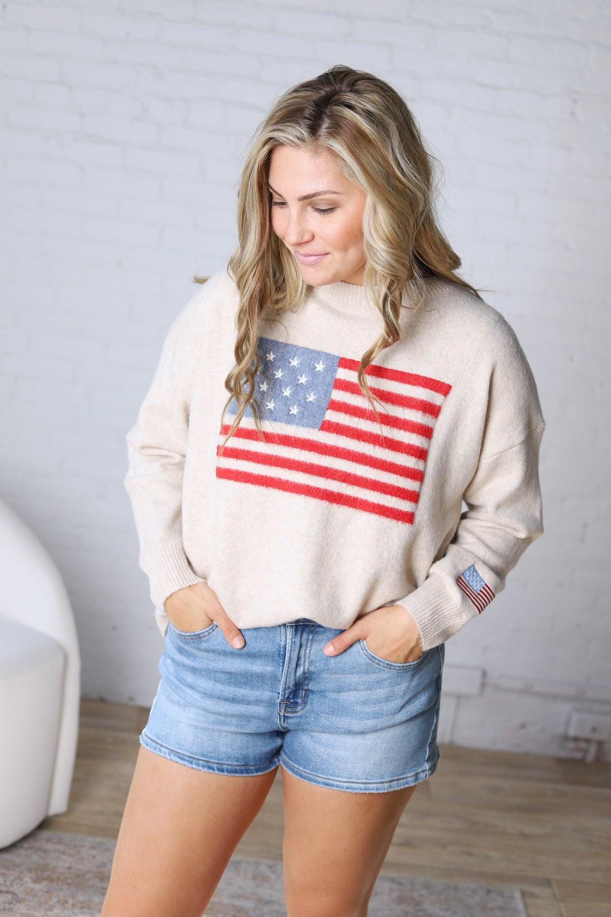 Gavina American Flag Round Neck Sweater