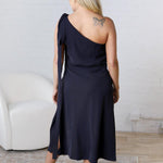 Gemma Asymmetrical Neck Midi Dress - Navy