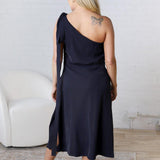 Gemma Asymmetrical Neck Midi Dress - Navy