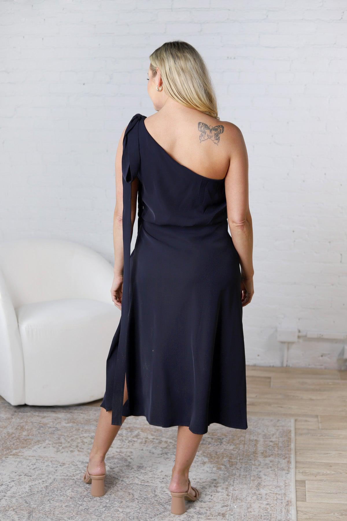 Gemma Asymmetrical Neck Midi Dress - Navy