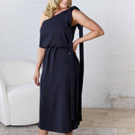 Gemma Asymmetrical Neck Midi Dress - Navy