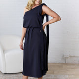 Gemma Asymmetrical Neck Midi Dress - Navy